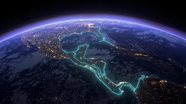 Animated view of Earth highlighting urban lights and waterways at night with glowing lines connecting key regions of Central America