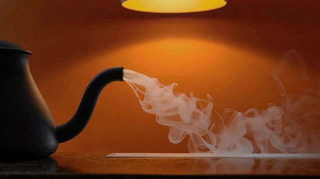 Black kettle producing steam against a warm, amber wall under a soft light, creating a cozy atmosphere