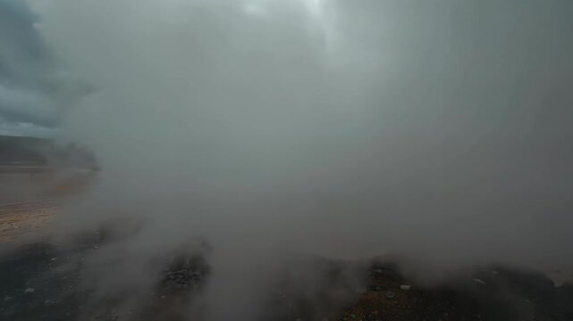 Bubbling geothermal steam vent emitting thick white vapor against a dramatic cloudy sky, showcasing natural steam in a rugged terrain