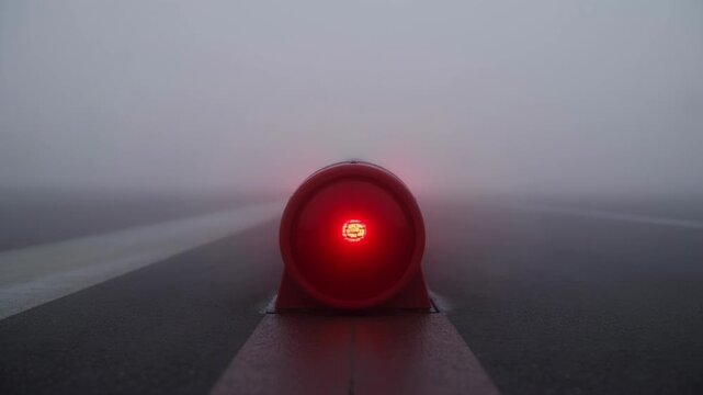 A red light glows brightly in a foggy, gray expanse with white lines