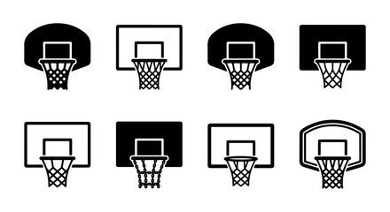 Basketball hoop icon set, 8 black and white basketball backboard vector symbols, minimalist sports equipment graphics for web and app design © Mahfuz