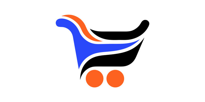 Abstract colorful shopping cart icon with blue orange black dynamic design elements representing modern online commerce shopping trolley e commerce express delivery fast shopping