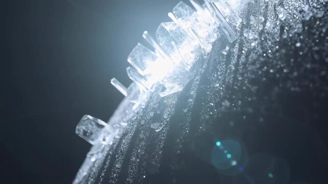 Close-up view of ice crystals forming on a dark surface, showcasing intricate shapes and glistening textures against a black background