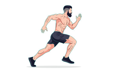 Obraz premium Strong muscular man with beard running in shorts and athletic shoes shows fitness and healthy lifestyle during outdoor exercise or sport.