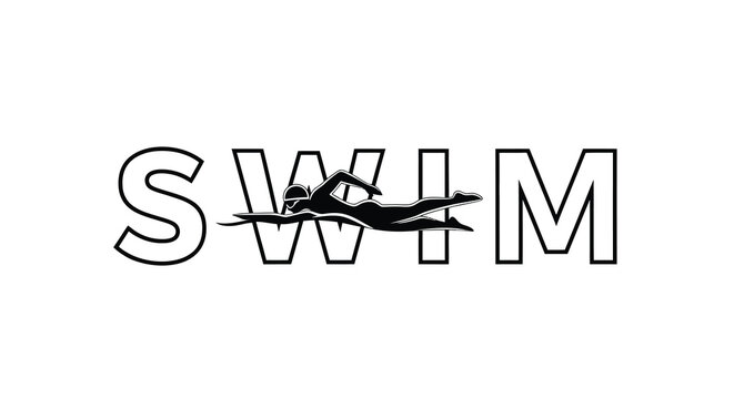 Swim A graphic illustration featuring a swimmer integrated into the word
