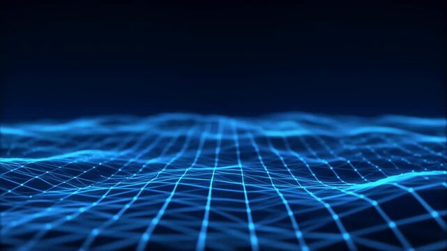 Low angle shot. Blue digital grid waves pulsing. Abstract motion graphics background. Data network connectivity technology.