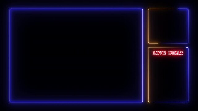 Neon glowing animated intermission stream overlay with hud facecam border, and chat for live streaming. Blue and orange color. 4k video.