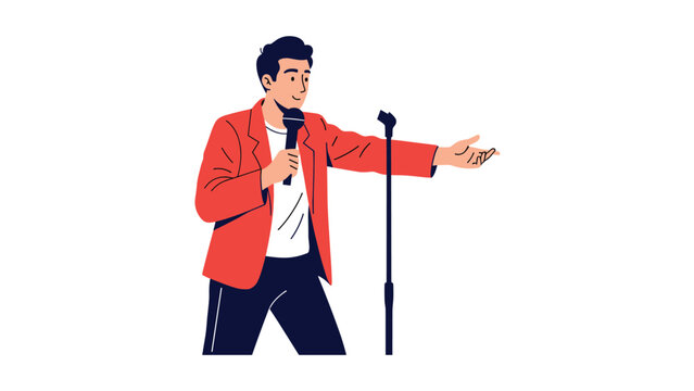 Energetic stand up comedian performs on stage with a microphone while wearing a bright red blazer and gesturing towards the live audience.