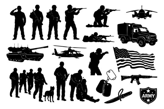 Military silhouettes: soldiers, weapons, and vehicles in action.