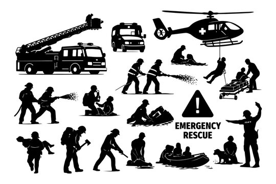 Silhouettes of emergency rescue operations.