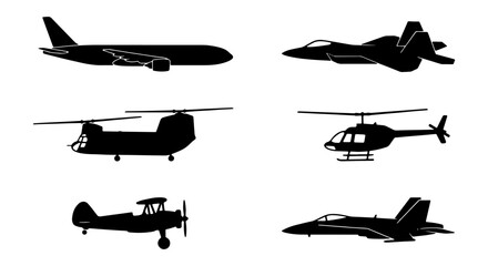 Aviation silhouette collection with 6 aircraft icons, military jet and commercial airplane vector set, helicopter and biplane transport symbols © Rubina