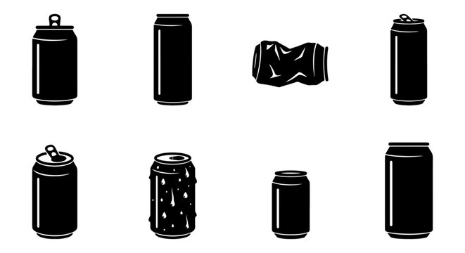 Black aluminum soda can icons set, 8 vector beverage can silhouettes, crushed and open tin cans for recycling and drink packaging design