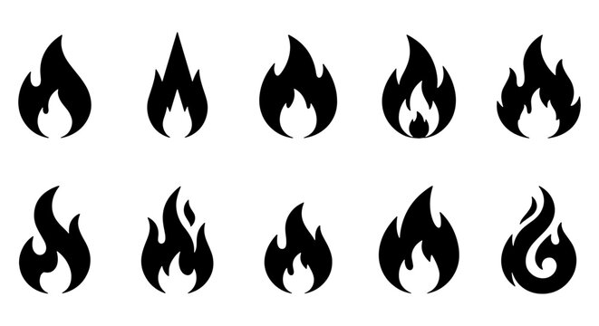Black fire flame icon set, 10 flat vector bonfire silhouettes, minimalist burning heat symbols for logo design and safety signage