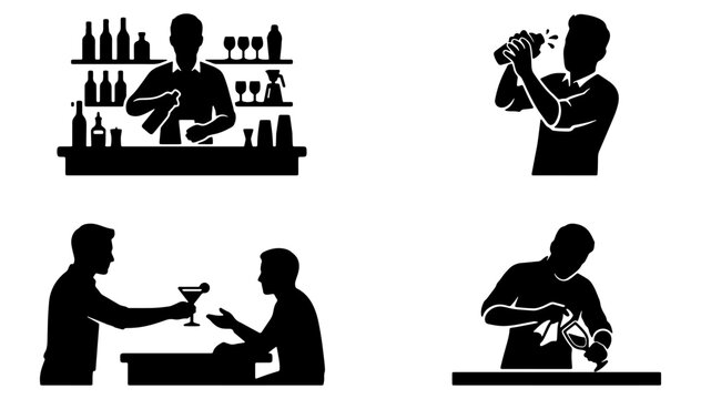 Professional bartender silhouette icon set, 4 vector elements of mixology experts, male barman shaking cocktails and serving drinks in a pub