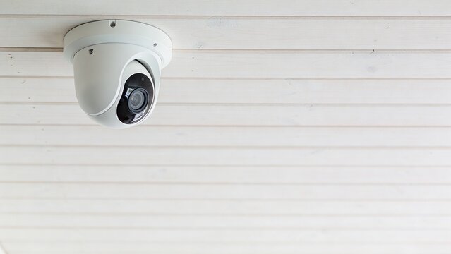 White Dome Security Camera Mounted on White Wooden Ceiling for Home Surveillance
