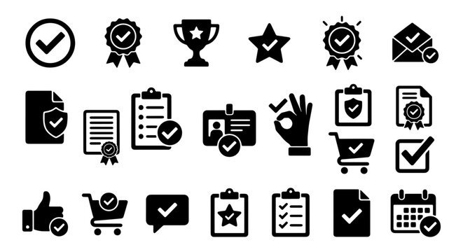 Black check mark icon set, 21 quality assurance and approval symbols, flat vector checkmark icons for business verification and success