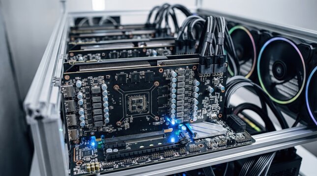 Close-up of a powerful cryptocurrency mining rig with multiple graphics cards and illuminated cooling fans, showcasing advanced blockchain technology hardware.