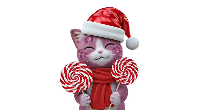 Cute pink cat wearing Santa hat with lollipops