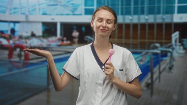 Woman in white uniform holding pink facial brush with palm up gesture at indoor pool inside building; self care playful.