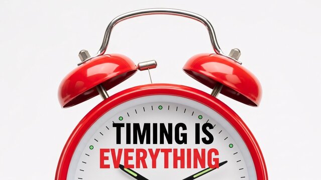 Close-up of red vintage alarm clock with the phrase Timing is Everything written on the clock face in bold black and red letters emphasizing importance of punctuality