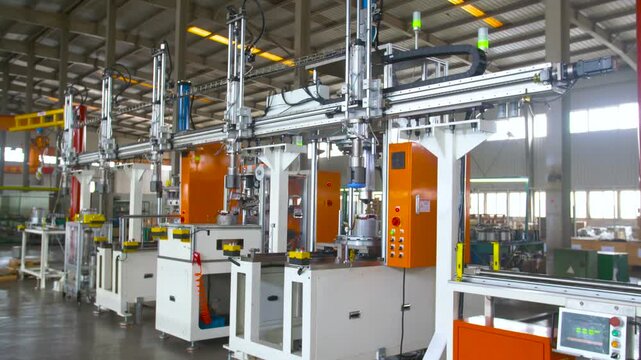 Smart CNC machine and automated robotic arm in modern industrial production line with digital control.