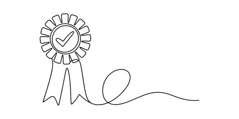 A single continuous line drawing of a quality award ribbon with a checkmark symbol inside of it. Vector, illustration © Bobita