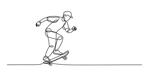 Continuous single line drawing of a young man wearing a cap riding a skateboard on the street. Vector, illustration © Bobita