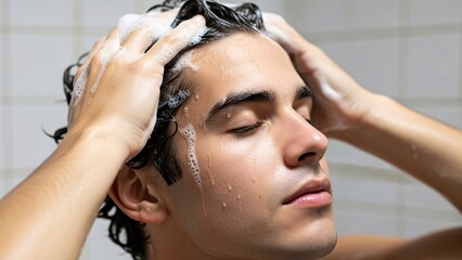 Fototapeta premium Young man enjoying a relaxing hair wash in a modern salon with water and shampoo suds on his hair and a calm expression on his face during personal grooming session