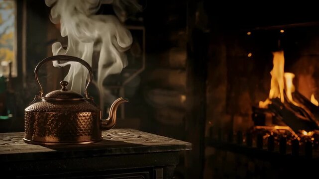 Steam rising from a copper kettle on a wooden table by a glowing fireplace in a rustic cabin interior, creating a warm, cozy atmosphere