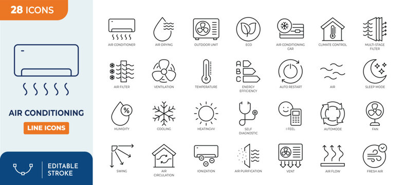 Air conditioning icon set. Contain icons related to cooling, heating, air ionization, and more. editable stroke. Vector illustration