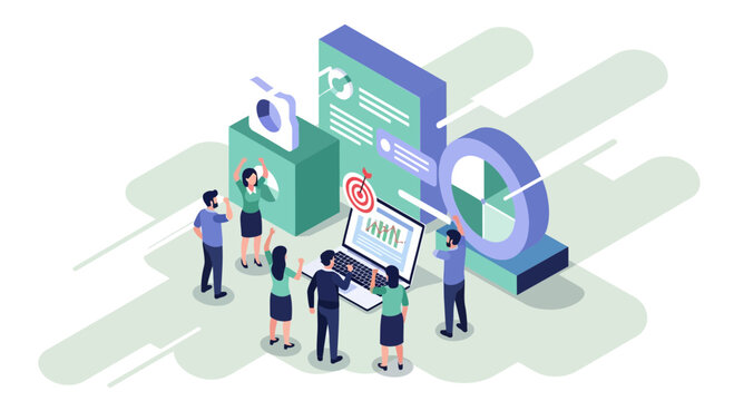 Business Team Reaching Targets and Analyzing Data Isometric Illustration