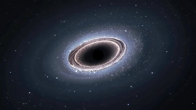 A mesmerizing view of a spiral galaxy with a prominent black hole at its center, stars surrounding in a cosmic dance