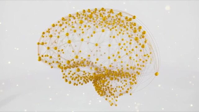 Abstract brain shape made of yellow nodes and thin lines in minimal style on white background, concept of neuroscience