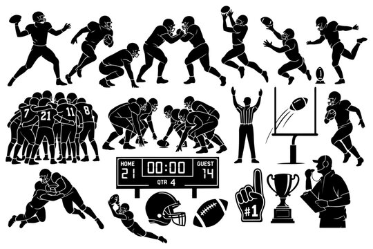 Silhouettes of american football players and gear in motion.