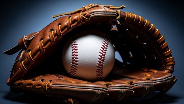 Close-up of a baseball inside a brown leather baseball glove with a dark background highlighting the sport equipment for baseball enthusiasts and sports fans