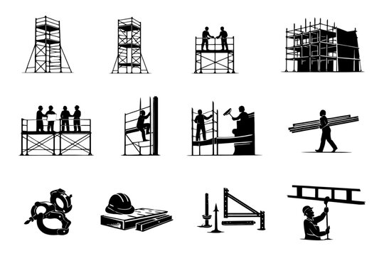 Scaffolding construction process and tools silhouettes.