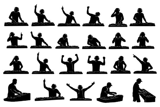 Silhouette of djs performing various gestures with mixing equipment.