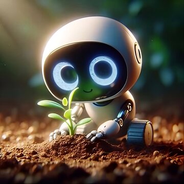 A charming 3D character robot carefully planting a small tree, symbolizing the fusion of technology and environmental conservation.