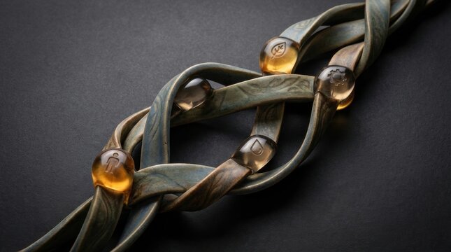 Interwoven metallic links with engraved people, leaf, water, and gear symbols portray social, environmental, and industrial interdependence shaping durable partnerships for responsible prosperity