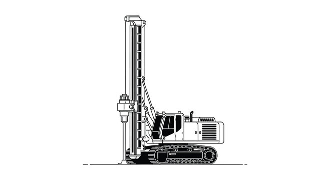 Detailed line drawing of a large drilling rig on a tracked chassis