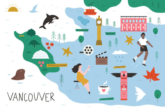 Vancouver illustrated map with landmarks, nature and city lifestyle elements