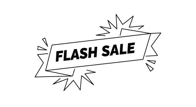 Black and white illustration of a flash sale banner with starbursts