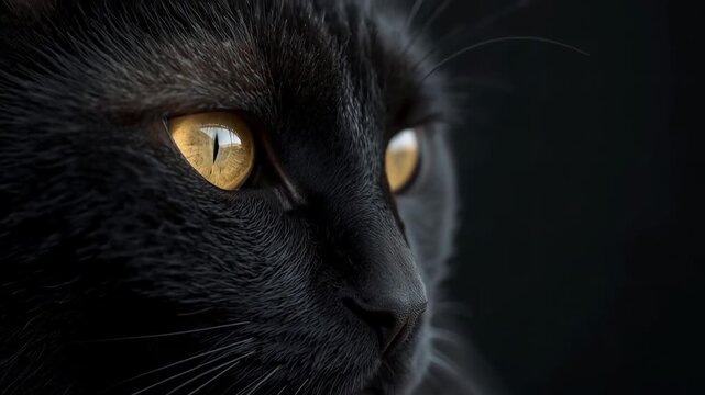 Close-up profile of a black cat with striking yellow eyes, set against a dark background, highlighting its majestic gaze and rich fur texture