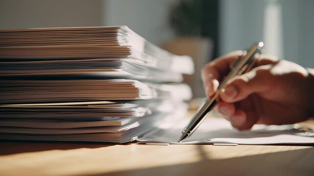 close-up of neatly arranged documents and folders on desk with hand holding pen, minimal office setup, soft neutral tones, clean composition, natural light, focus on organization and clarity