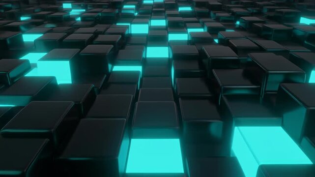Low angle shot. Glowing cyan light cubes rising. 3D motion background. Technology digital abstract.