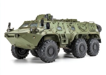 Fototapeta premium Olive green, six-wheeled armored personnel carrier with turret, on white background