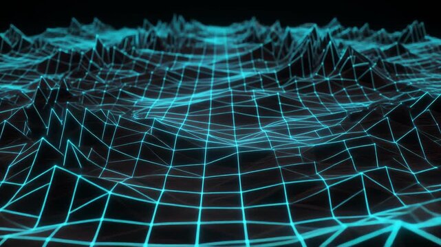 Low angle shot. Blue glowing digital wireframe landscape. Mountainous mesh topology animation. Cyber technology background.