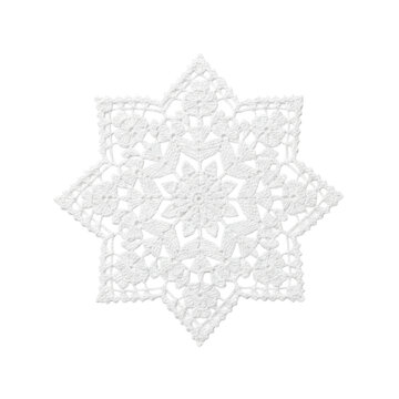 Intricate white star shaped crochet doily with floral lace motifs and scalloped edges, textured mercerized cotton yarn on solid background, vintage charm atmosphere