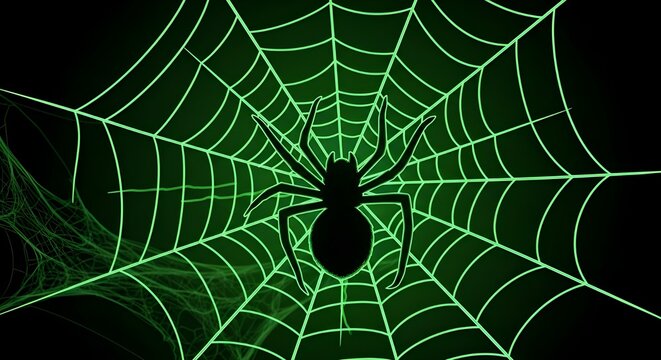 Mysterious spider silhouette in a glowing green web against a dark backdrop