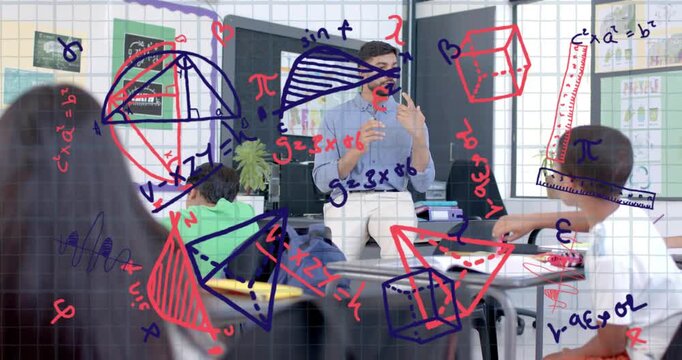 Male teacher gesturing, guiding class with transparent math overlay showing geometry diagrams